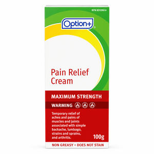 Box of Option+ Pain Relief Cream with green, yellow, and red design on a white background - okotoks hc pharmacy