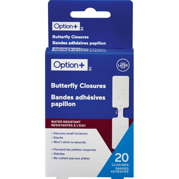 Packaging of Option+ butterfly closures with blue and white design - okotoks hc pharmacy