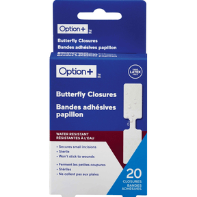 Packaging of Option+ butterfly closures with blue and white design - okotoks hc pharmacy