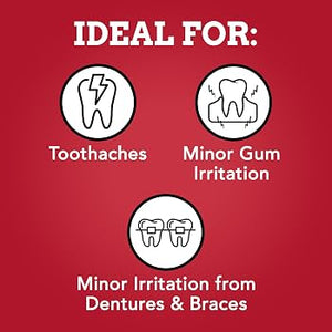 Red informational graphic with the heading 'IDEAL FOR:' and three white circular icons showing toothache, minor gum irritation, and minor irritation from dentures and braces, with corresponding text below. - okotoks hc pharmacy