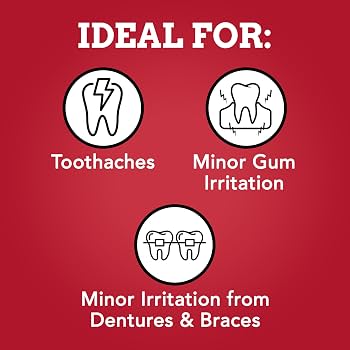 Red informational graphic with the heading 'IDEAL FOR:' and three white circular icons showing toothache, minor gum irritation, and minor irritation from dentures and braces, with corresponding text below. - okotoks hc pharmacy