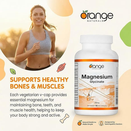 Orange Naturals magnesium supplement bottle with a woman exercising outdoors, promoting healthy bones and muscles. - okotoks hc pharmacy