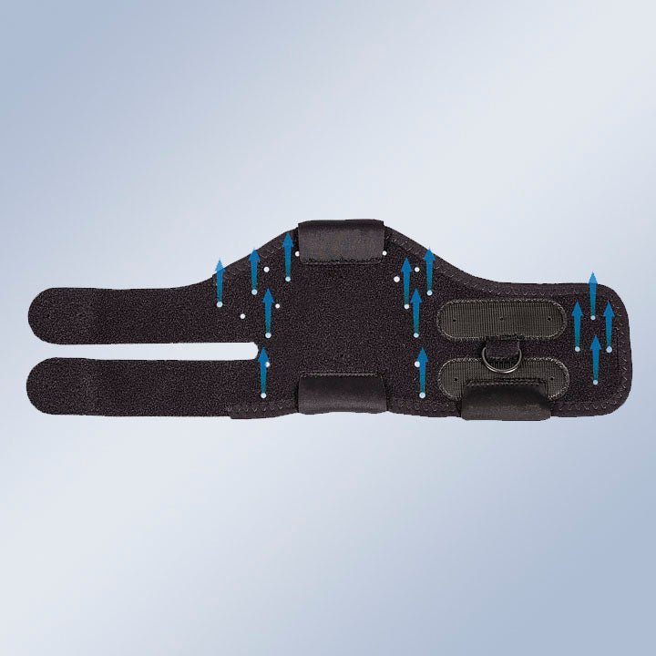 Black ankle support brace with blue arrows indicating movement on a light gray background - okotoks hc pharmacy