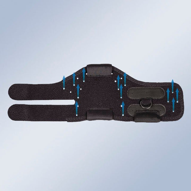 Black ankle support brace with blue arrows indicating movement on a light gray background - okotoks hc pharmacy