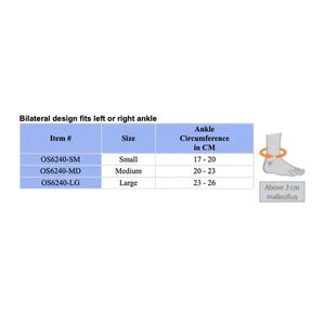 A sizing table for ankle band sizes, with a small diagram of a foot and a note indicating the measurement should be above 2 cm malleolus. The table lists item numbers OS6240-SM, OS6240-MD, and OS6240-LG with size Small, Medium, and Large and ankle circumference in CM ranges 17-20, 20-23, and 23-26. - okotoks hc pharmacy