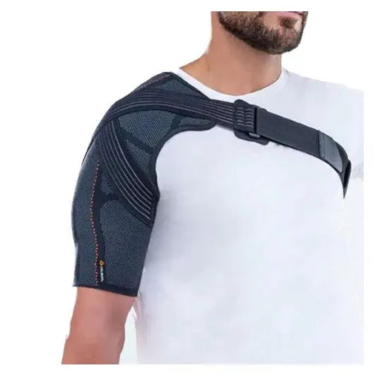 Person wearing a black shoulder brace on a white background - okotoks hc pharmacy