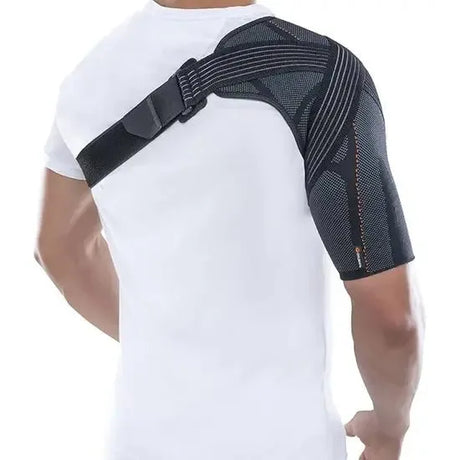 Person wearing a black shoulder brace on a white background - okotoks hc pharmacy