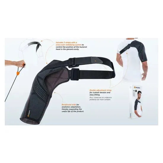 Black shoulder brace with adjustable straps on a white background - okotoks hc pharmacy