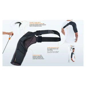 Black shoulder brace with adjustable straps on a white background - okotoks hc pharmacy