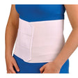 Person wearing a white waist support belt over a blue shirt and pants on a white background - okotoks hc pharmacy