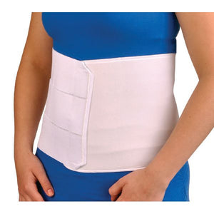 Person wearing a white waist support belt over a blue shirt and pants on a white background - okotoks hc pharmacy
