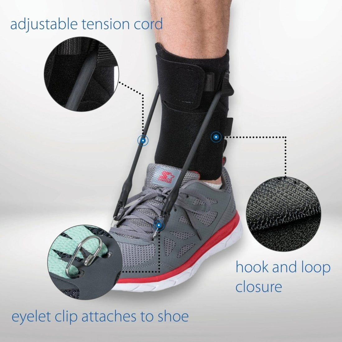 Ankle support brace with adjustable tension cord, hook and loop closure, and eyelet clip on a gray background. - okotoks hc pharmacy