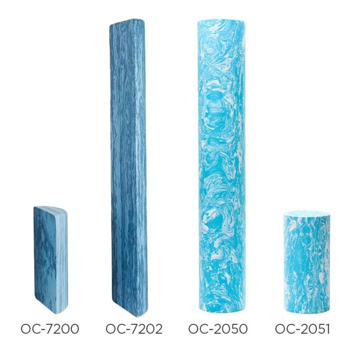 Four blue marbled acrylic rods of different shapes and sizes on a white background, labeled OC-7200, OC-7202, OC-2050, and OC-2051. - okotoks hc pharmacy