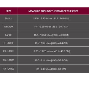 Measurement chart for knee sleeves with size guide on a gray background - okotoks hc pharmacy