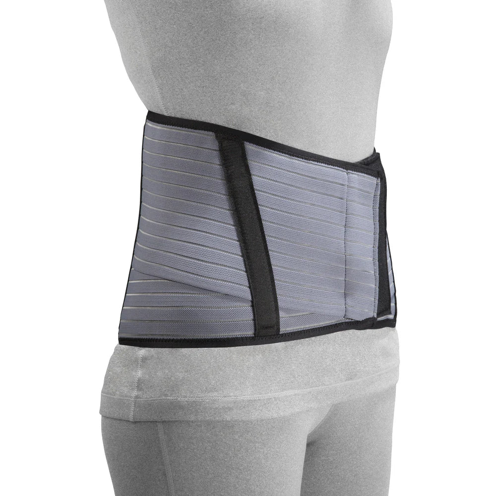 Gray back brace worn by a person on a white background - okotoks hc pharmacy
