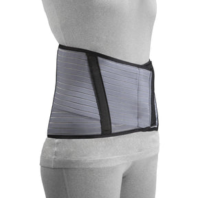 Gray back brace worn by a person on a white background - okotoks hc pharmacy