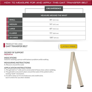 Measurement chart for a gait transfer belt with waist circumference guide and product details. - okotoks hc pharmacy