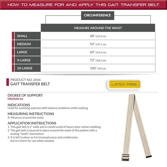 Measurement chart for a gait transfer belt with waist circumference guide and product details. - okotoks hc pharmacy