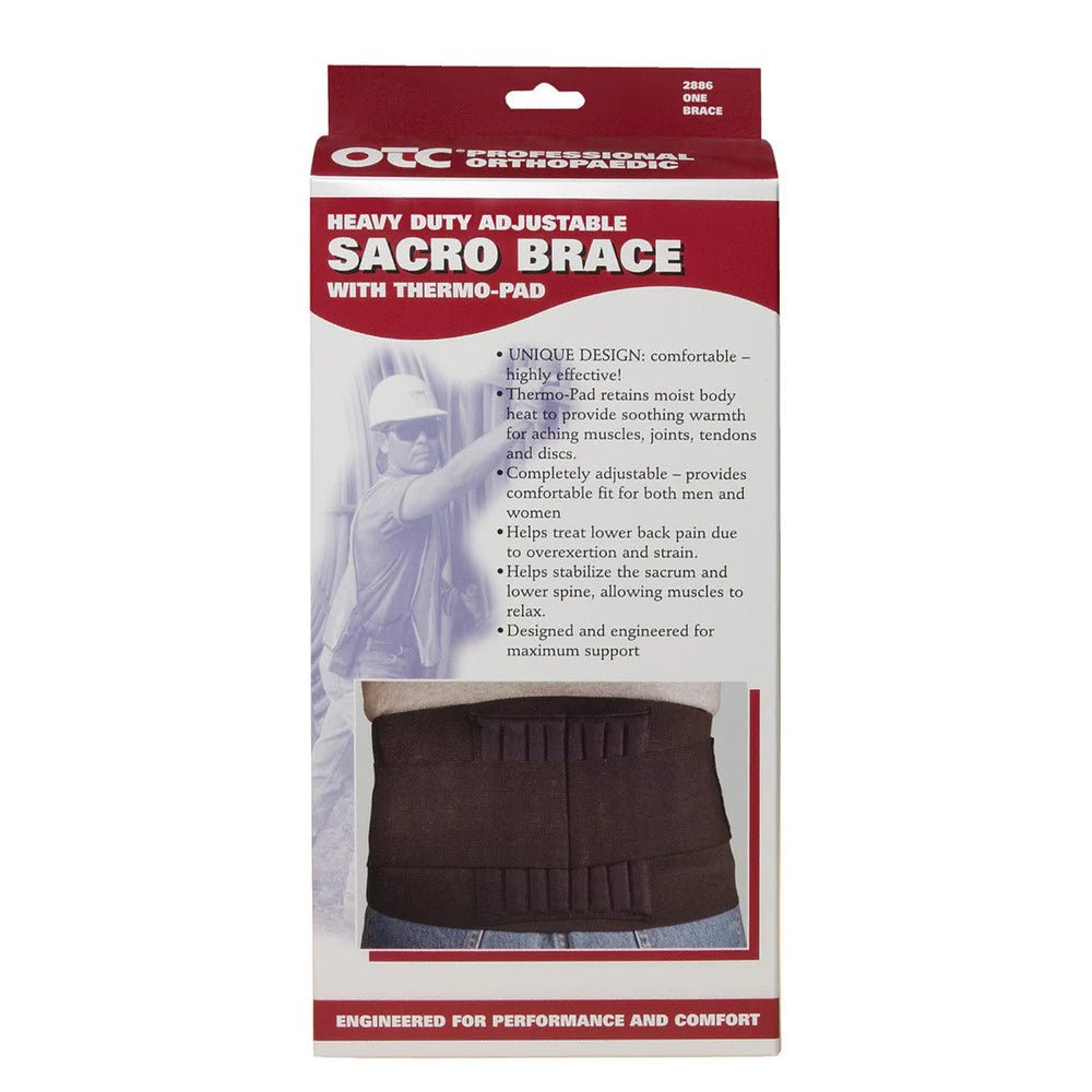 Heavy-duty adjustable sacro brace packaging with OTC branding on a white background - okotoks hc pharmacy