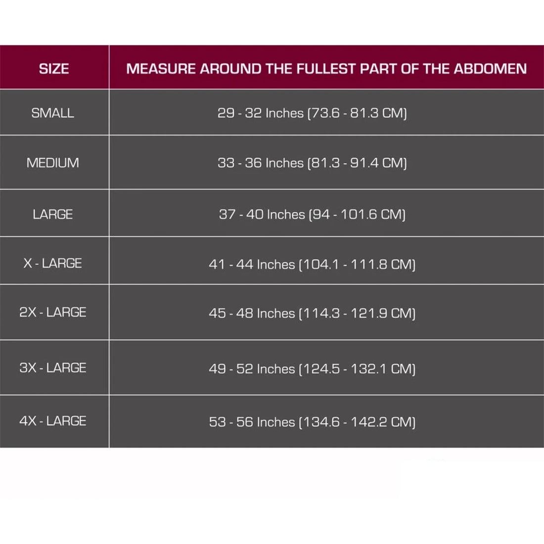 Size chart for measuring around the fullest part of the abdomen with size categories and corresponding measurements. - okotoks hc pharmacy