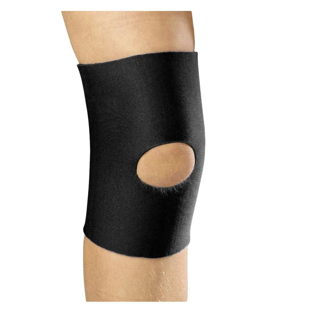 Black knee brace with a circular opening on a white background - Okotoks HC Pharmacy