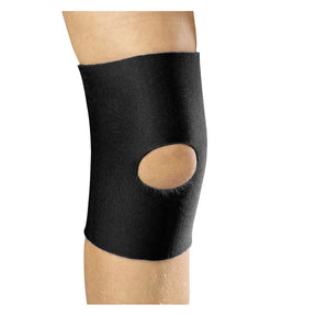 Black knee brace with a circular opening on a white background - Okotoks HC Pharmacy