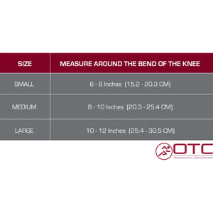 Measurement chart for knee sizes with OTC logo - Okotoks HC Pharmacy