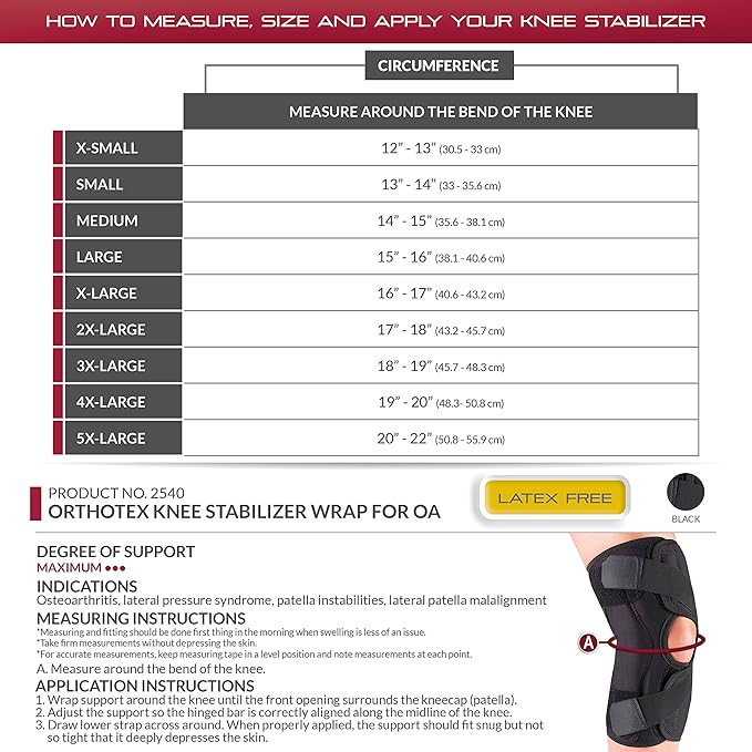 Measurement chart for orthotex knee stabilizer wrap with size guide and application instructions. - Okotoks HC Pharmacy