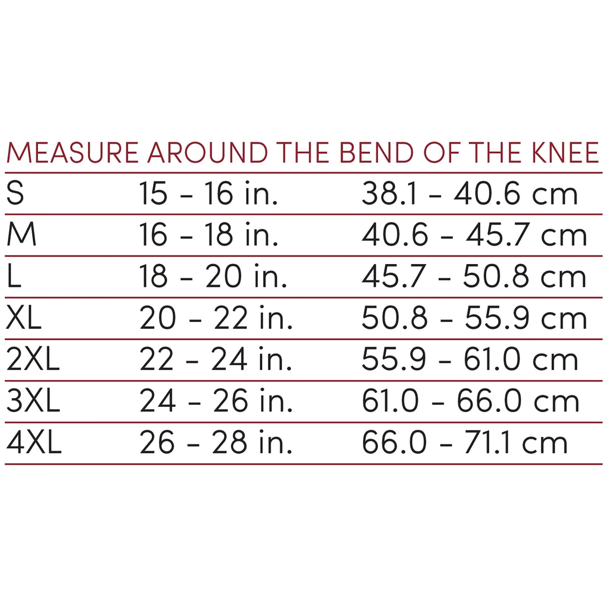Measurement chart for knee circumference with size labels and measurements in inches and centimeters. - okotoks hc pharmacy