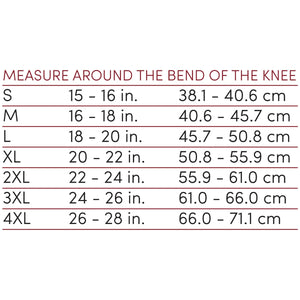 Measurement chart for knee circumference with size labels and measurements in inches and centimeters. - okotoks hc pharmacy