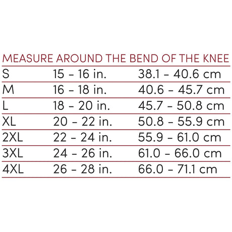Measurement chart for knee circumference with size labels and measurements in inches and centimeters. - okotoks hc pharmacy