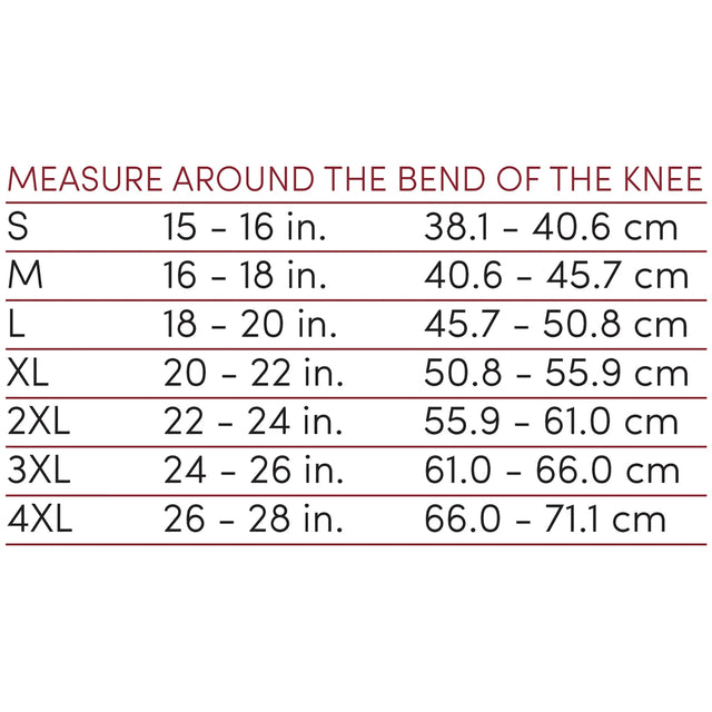 Measurement chart for knee circumference with size labels and corresponding measurements in inches and centimeters. - okotoks hc pharmacy