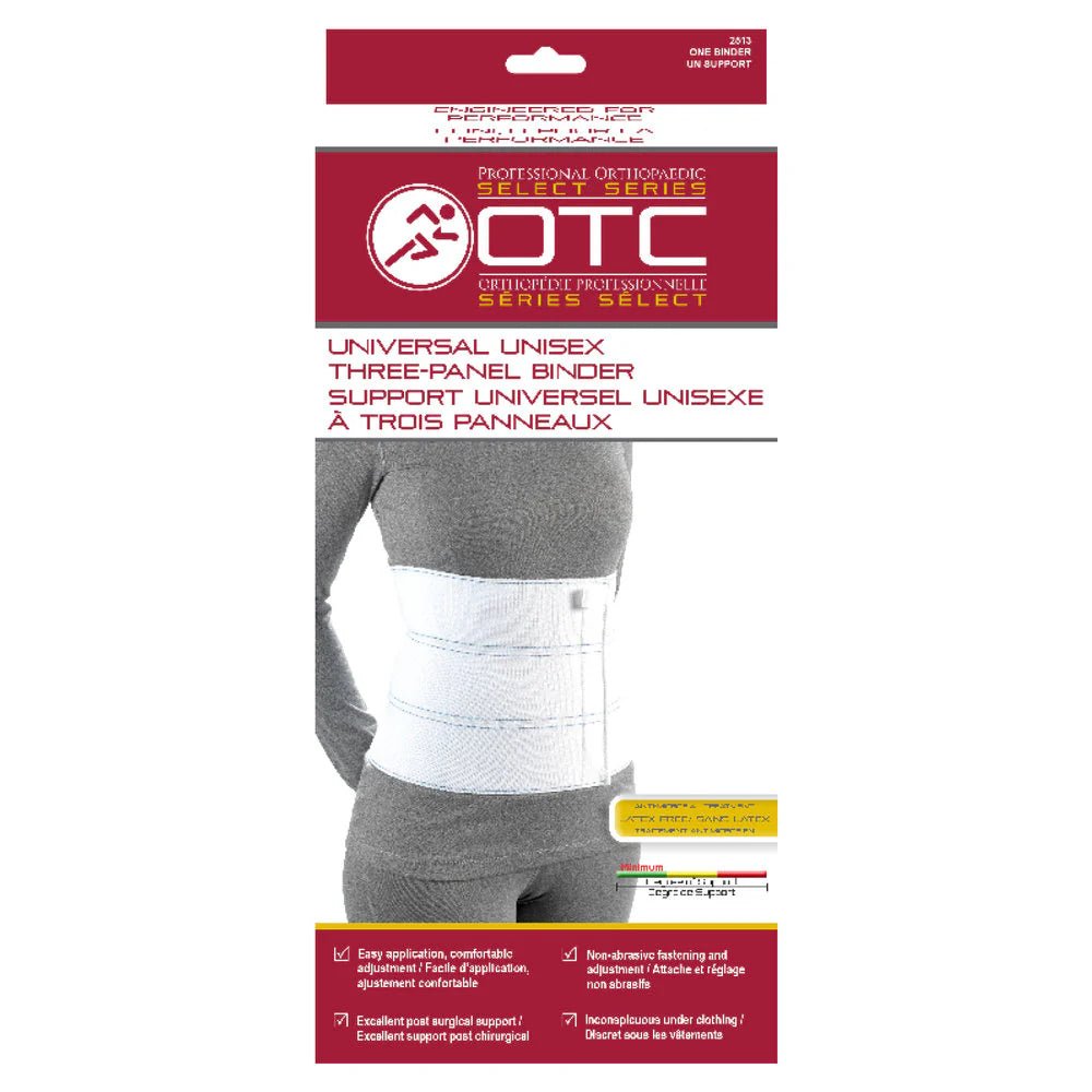 OTC three-panel binder packaging with a person wearing the binder. - okotoks hc pharmacy