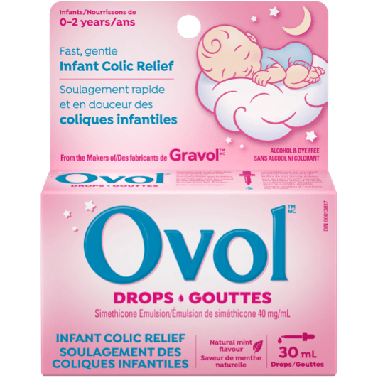 Ovol Infant Colic Relief Drops packaging with a baby illustration on a pink background - okotoks hc pharmacy