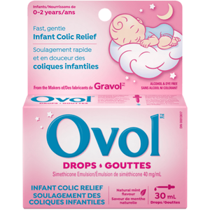 Ovol Infant Colic Relief Drops packaging with a baby illustration on a pink background - okotoks hc pharmacy