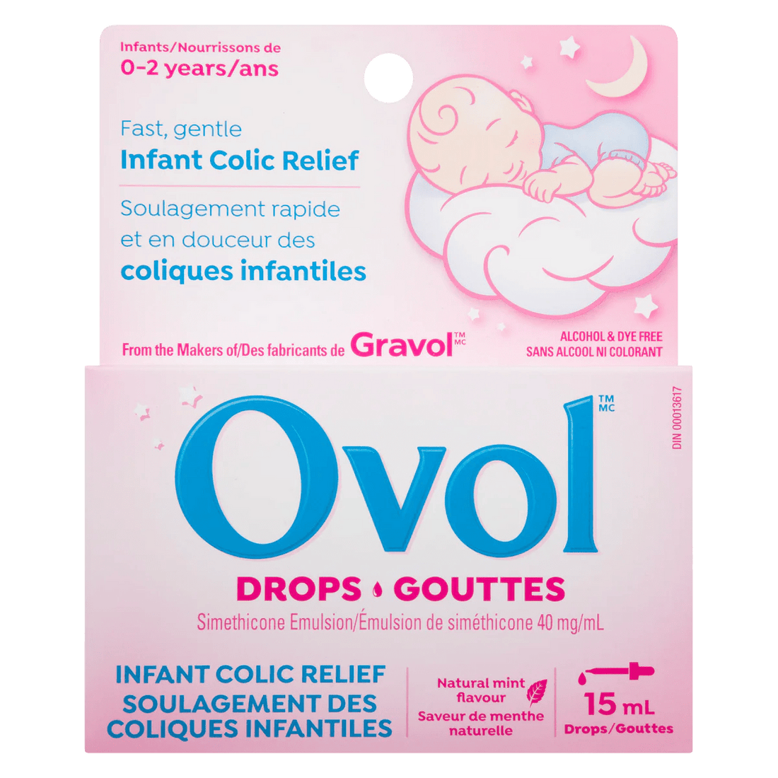Ovol Infant Colic Relief package with pink background and baby illustration - okotoks hc pharmacy