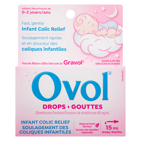 Ovol Infant Colic Relief package with pink background and baby illustration - okotoks hc pharmacy
