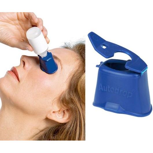 Person using an eye drop device on their eye with a close-up of the blue 'Autodrop' device. - okotoks hc pharmacy