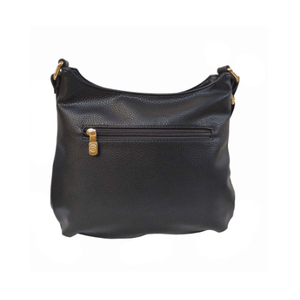 Black leather handbag with gold zipper on a white background - okotoks hc pharmacy