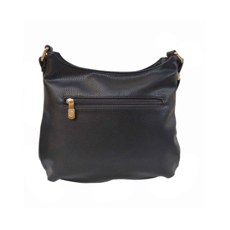 Black leather handbag with gold zipper on a white background - okotoks hc pharmacy