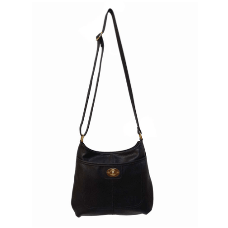 Black shoulder bag with a gold clasp on a white background - okotoks hc pharmacy