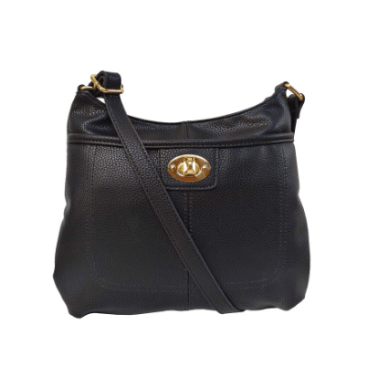 Black handbag with a gold clasp on a white background - okotoks hc pharmacy