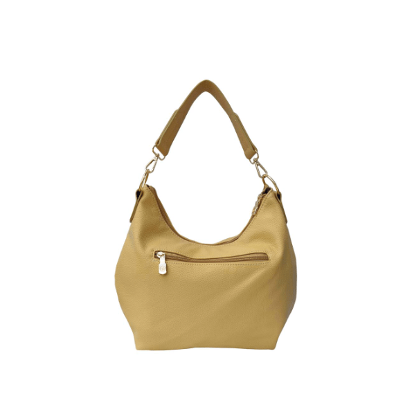 Beige handbag with a gold zipper on a white background - okotoks hc pharmacy