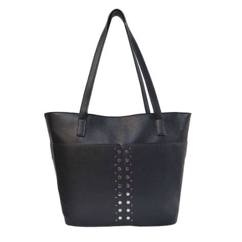 Black tote bag with studded detail on a white background - okotoks hc pharmacy