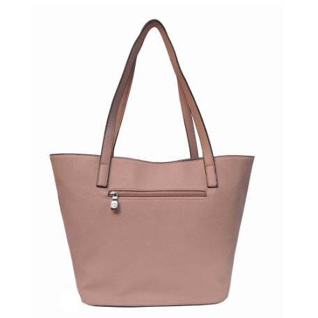 Pink tote bag with brown handles on a white background - okotoks hc pharmacy