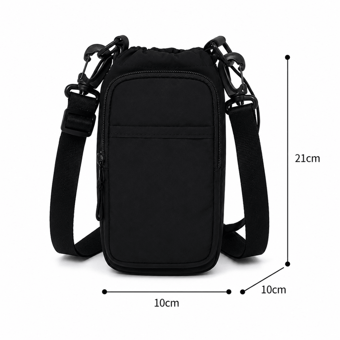 Black crossbody bag with measurements on a white background - okotoks hc pharmacy