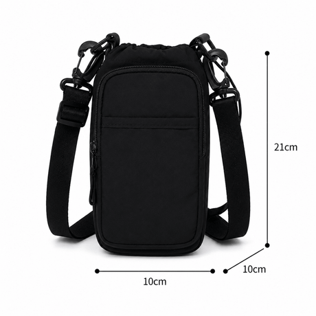 Black crossbody bag with measurements on a white background - okotoks hc pharmacy