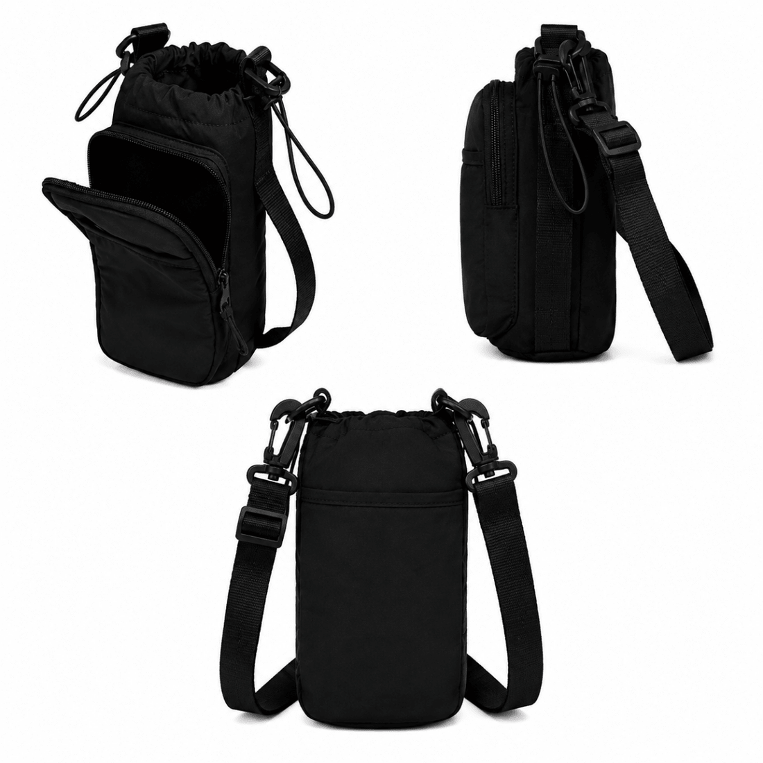 Black crossbody bag shown from multiple angles on a white background - okotoks hc pharmacy