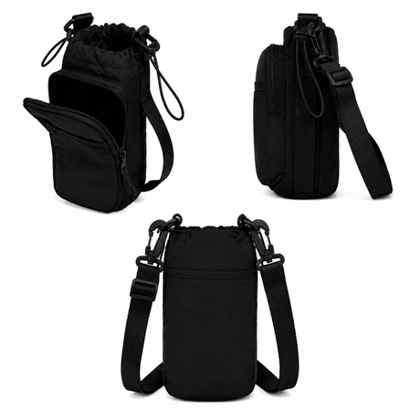 Black crossbody bag shown from multiple angles on a white background - okotoks hc pharmacy