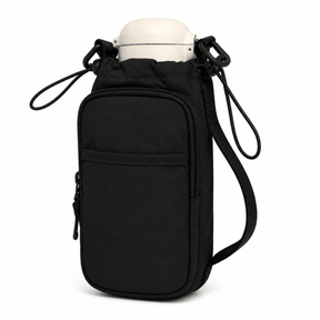 Black water bottle holder with a white water bottle on a white background - okotoks hc pharmacy